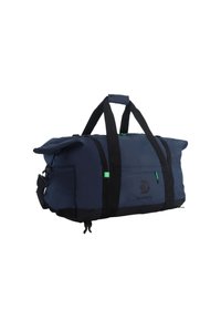 Borsa a duffel navy con dettagli neri, realizzata in tessuto resistente. Presenta doppi manici, tracolla regolabile e dettaglio del logo.