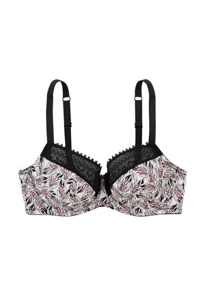 Soutien-gorge à armatures avec une base blanche, motif floral en noir et nuances de rose, bordure en dentelle sur le dessus, bretelles noires réglables et accessoires dorés.