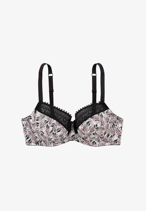 Soutien-gorge à armatures avec une base blanche, motif floral en noir et nuances de rose, bordure en dentelle sur le dessus, bretelles noires réglables et accessoires dorés.