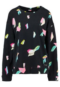 Zwarte sweatshirt met een abstract patroon van kleurrijke vormen in roze, groen en blauw. Ronde hals en geribbelde manchetten.