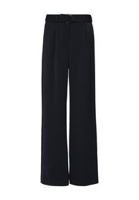 Schwarze, weite Hosen mit hoher Taille, ausgestattet mit einem Gürtel und einer glatten Stoffstruktur, die einen maßgeschneiderten Look bieten.