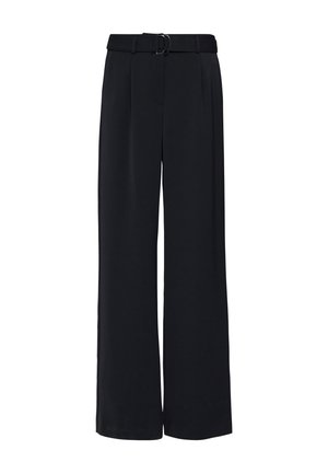 Schwarze, weite Hosen mit hoher Taille, ausgestattet mit einem Gürtel und einer glatten Stoffstruktur, die einen maßgeschneiderten Look bieten.