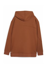 Bruine hoodie met een ruime capuchon, gemaakt van een gladde stof. Heeft een naadontwerp en een klein logo aan de onderkant links.