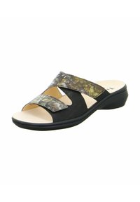 Black slide sandal with two patterned straps in shades of brown and gold. Features a low wedge heel and a cushioned footbed.