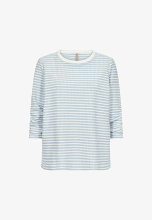 Heledad sinine pikkade varrukatega top, horisontaalsete triipudega, valmistatud pehmest kangast. Omab ümmargust kaelust ja kergelt kogutud varrukaid.