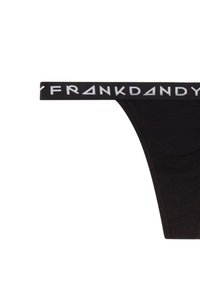 Svart stringtrosor i bomull; har en bred vit logoband med texten "FRANKDANDY" i ett fet, modernt typsnitt.