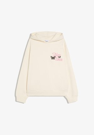 Hanorac crem cu textul "Easy Days" roz și două ilustrații negre de fluturi pe piept.