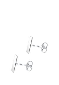 Sølv rektangulære studerør med en glat poleret overflade og minimalistisk design. Har en trykbagklips til sikker fastgørelse.