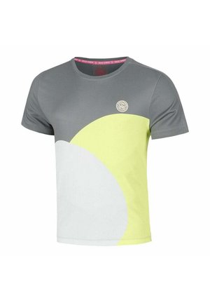 Camiseta de cuello redondo de manga corta con parte superior gris, diseño en bloques de color blanco y amarillo, y pequeño logo circular en el pecho izquierdo.