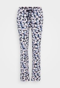 Pantalons floraux navy avec taille élastique et cordon de serrage. Dotés de fleurs roses et blanches, fabriqués à partir d'un tissu léger et doux.