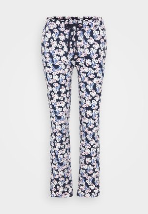Marineblauwe bloemenbroek met een elastische tailleband en trekkoord. Kenmerkt zich door roze en witte bloemen, gemaakt van een lichte, zachte stof.