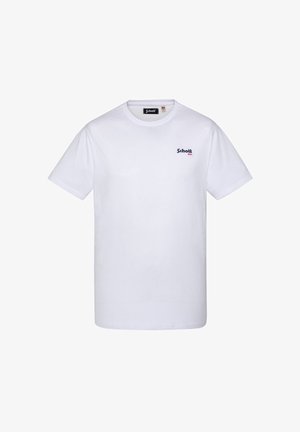 Weißes Baumwoll-T-Shirt mit kurzen Ärmeln, Rundhalsausschnitt und kleinem blauen Logo-Text auf der linken Brustseite.