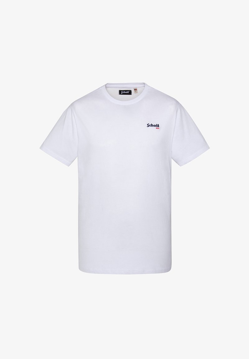 Biała bawełniana koszulka z krótkim rękawem, okrągłym dekoltem i małym niebieskim logo na lewym górnym obszarze klatki piersiowej.