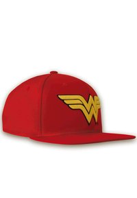 Red snapback cap with a flat visor and a yellow embroidered Wonder Woman logo featuring wings. Material appears smooth with reinforced stitching.