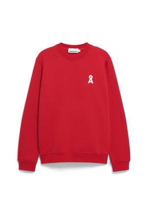Rode sweatshirt van een katoenmix met een ronde halslijn en lange mouwen. Heeft een witte letter "A" en een lintlogo op de borst.