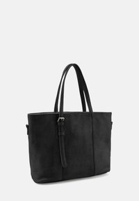 Sac fourre-tout en cuir noir avec deux longues poignées, texture lisse, forme rectangulaire, présentant des coutures discrètes et une base plate pour la stabilité.