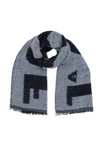 Sciarpa lavorata a maglia con una combinazione di colori blu navy e grigio, caratterizzata da audaci motivi geometrici, estremità frangiate e una finitura morbida e strutturata.