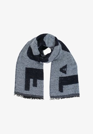 Sciarpa lavorata a maglia con una combinazione di colori blu navy e grigio, caratterizzata da audaci motivi geometrici, estremità frangiate e una finitura morbida e strutturata.