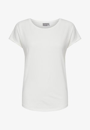 Fehér, rövid ujjú póló kerek nyakkivágással, sima felszíne és laza szabása van. Puha pamutanyagból készült. Nincsenek látható minták vagy díszítések.