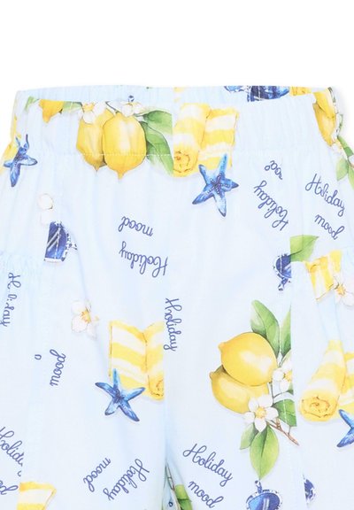 Tissu bleu clair avec taille élastique, décoré de citrons, étoile de mer bleue, serviettes jaunes et motif de texte "Esprit vacances".