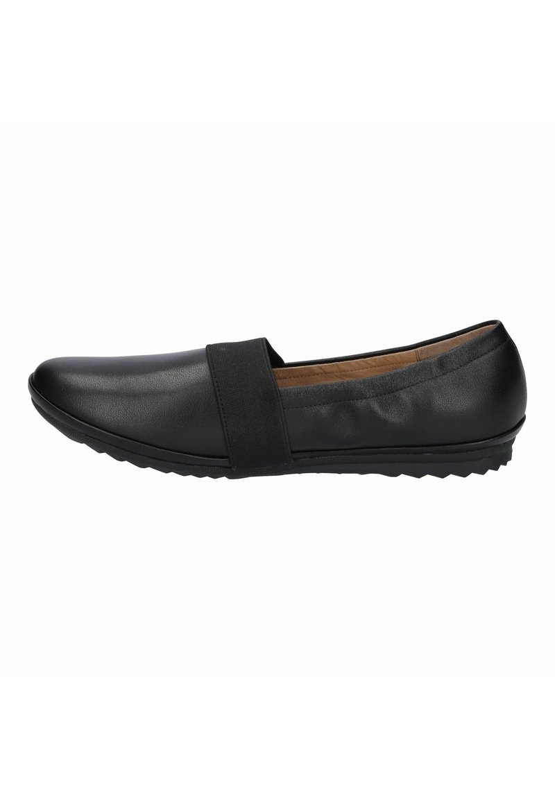 Black leather slip-on shoe with a wide elastic band across the upper, rounded toe, and textured rubber sole. Simple design with a low profile.