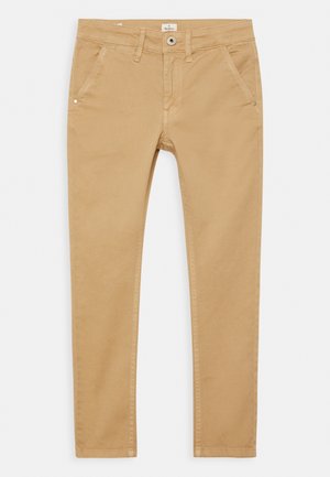 Beige slimfit bomuldssbukser med bæltestropper, knap foran, lynlås og skrå sidelommer.