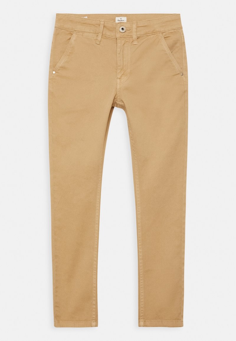 Pantalon beige en coton coupe slim avec passants pour ceinture, bouton sur le devant, fermeture éclair et poches latérales inclinées.