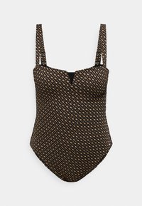 Svart badedrakt med et strukturert mønster av små brune diamanter, med brede stropper og en V-formet utringning. Glatt stofffinish.