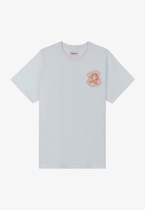 Gaiši zils kokvilnas T-krekls ar īsām piedurknēm un apaļu kakla izgriezumu. Tai ir daudzkrāsains grafiskais logo kreisajā krūtī.