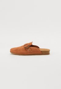 Brown suede slip-on shoes with a rounded toe, featuring a side buckle detail and a textured, natural cork insole.