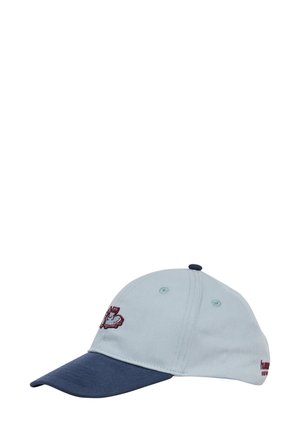 Hellblaues Baseballcap mit dunkelblauem Schirm und kleinem, auf der vorderen linken Seite gesticktem Logo, dargestellt vor weißem Hintergrund.