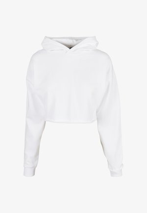 Fehér, rövidített pulóver puha anyagból. Húzózsinóros kapucnival és gumis mandzsettájú hosszú ujjakkal rendelkezik. Egyszerű, minimalista kialakítás.