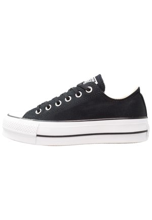 Svart canvas sneakers med hvit gummisåle, rund tå, lavt design, metalløye og teksturert tåhette. Tynn svart stripe langs sålen.