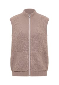 Beige ärmellose Weste mit hohem Kragen, durchgehendem Reißverschluss und zwei Fronttaschen. Hergestellt aus weichem, strukturiertem Stoff mit gerippten Akzenten.