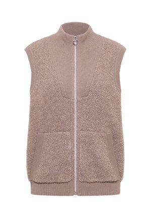 Beige sleeveless vest with a high neck, front zipper, and two front pockets. Made of soft, textured fabric with ribbed trim accents.