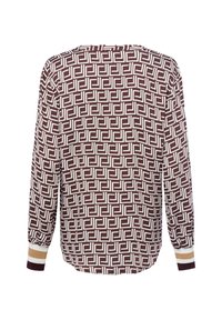 Camicia a maniche lunghe con motivo geometrico a quadrati marroni e bianchi, polsini a coste con strisce beige, bianche e marroni scuri, vista dal retro.