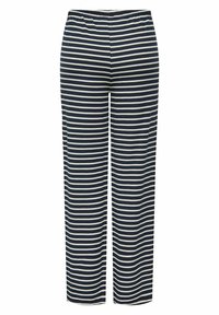 Granatowe i białe, w paski, spodnie dresowe z elastycznym pasem, charakteryzujące się luźnym krojem i miękkim, strukturalnym materiałem.