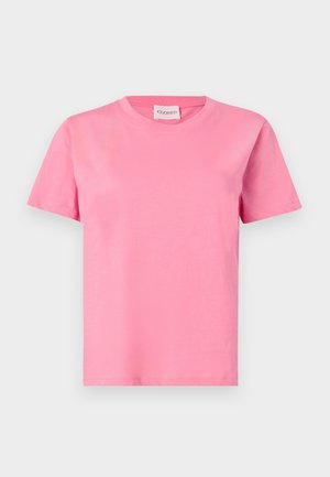 Rosa Baumwoll-T-Shirt mit klassischem Rundhalsausschnitt und kurzen Ärmeln. Glatte Textur, gerader Schnitt, minimalistisches Design ohne Muster oder Akzente.