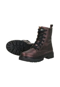 Lace-up enkellaarzen van glanzend donkerpaars materiaal met zwarte rubberen zolen en veters. Voorzien van een trekhaak aan de achterkant en een gestructureerd oppervlak.