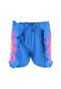 Pantalones cortos de algodón azules con cintura elástica, que presentan un diseño floral rosa y acentos con volantes a los lados. Incluye un detalle de lazo en la parte delantera.