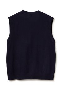 Suéter sin mangas de color navy, hecho de un suave tejido de punto, que presenta un escote redondo, sisas acanaladas y un dobladillo recto.