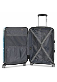 Harde koffer in het blauw met een gestructureerde afwerking, voorzien van een ritscompartiment, een gaasvak en verstelbare banden voor het beveiligen van items.