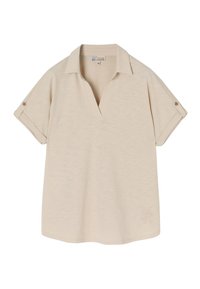 Beige poloko s krátkým rukávem a výstřihem do V, s ohrnutými manžetami, které má malé logo na dolní části přední strany. Měkká, strukturovaná tkanina.
