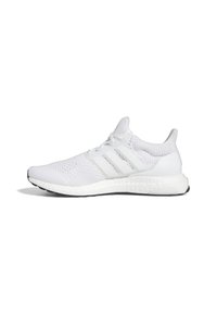 White athletic shoe with a breathable mesh upper, three signature stripes, cushioned white midsole, and black rubber outsole.