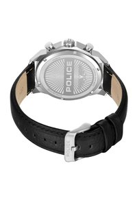 Zegarek policyjny ma czarny skórzany pasek, srebrną obudowę ze stali nierdzewnej oraz teksturowane srebrne podłoże z logo i radialnym wzorem.