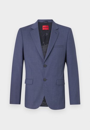 Marineblå blazer laget av glatt stoff med en strukturert design, som har to frontlommer og en enkelt knappelukking. Merket inni.