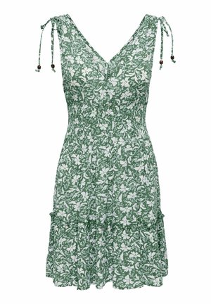 Zelené šaty bez rukávov s bielou kvetinovou potlačou, výstrih do V, zbieraný pás, vrstvená sukňa a nastaviteľné viazacie ramienka s drevenými korálkami.