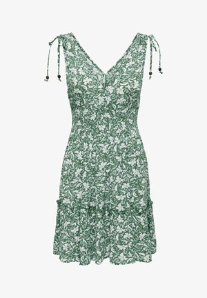 Rochie verde fără mâneci cu imprimeu floral alb, decolteu în V, talie adunată, fustă în straturi și bretele reglabile cu mărgele din lemn.