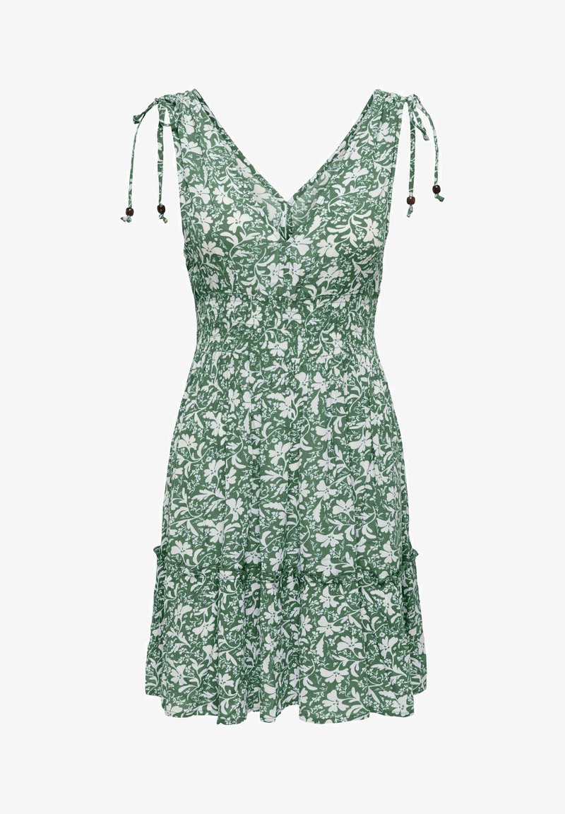 Robe verte sans manches avec imprimé floral blanc, col en V, taille froncée, jupe à volants et bretelles ajustables avec perles en bois.