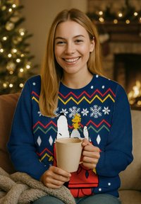 Maglione lavorato a maglia con base blu, motivi festivi, fiocchi di neve e personaggi; tiene in mano una tazza beige. Sfondo accogliente con un albero e illuminazione calda.